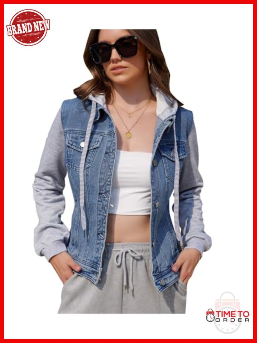Layered Drawstring Hood Denim Jacket with Pockets